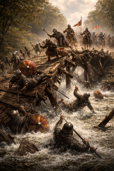 The bridge collapses and the Saxons are drowned