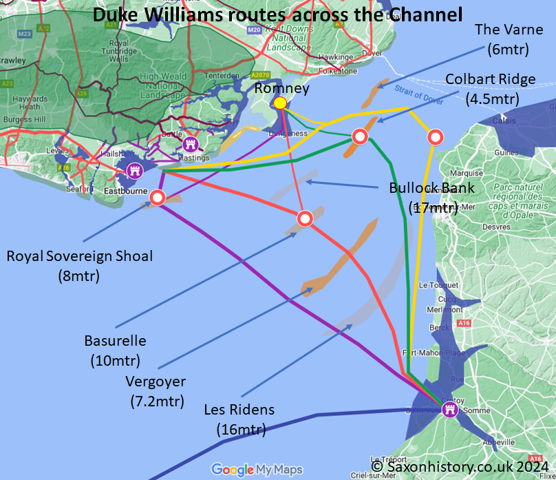 Various routes Duke William may have taken to cross the Channel in 1066AD