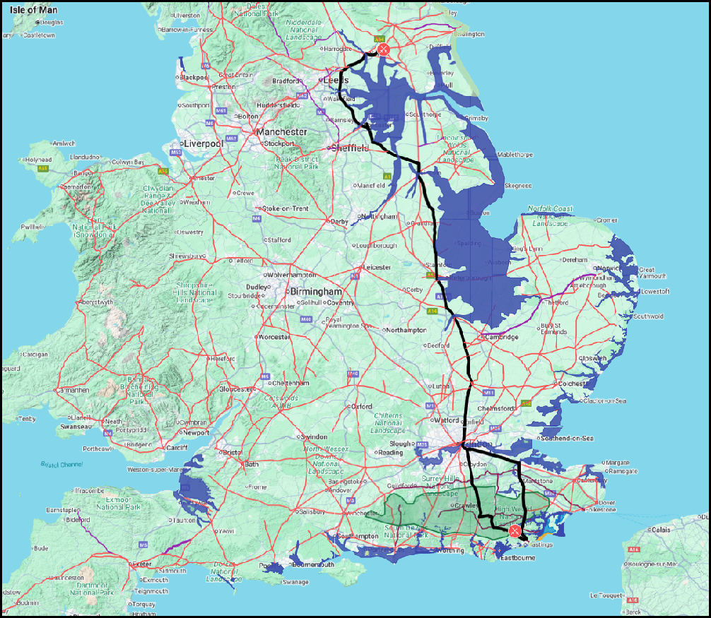 The route of the Messenger from Hastings to York