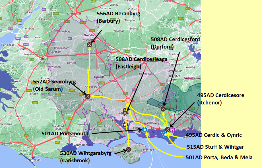 Map of Aelle and his sons invasion of Sussex in 477AD