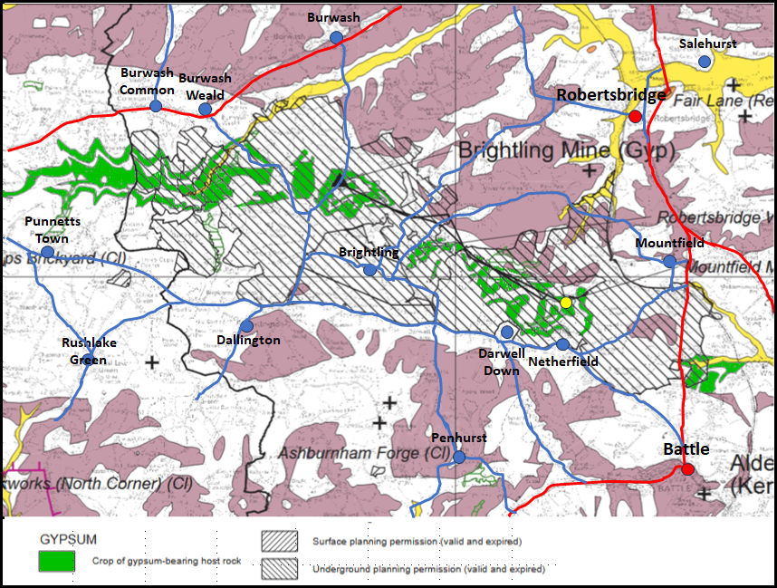 Gypsum deposits near Mountfield, East Sussex