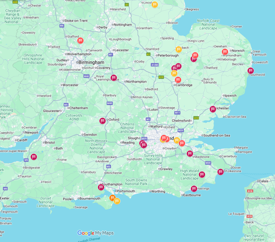 Location of hythes etc on a map of England