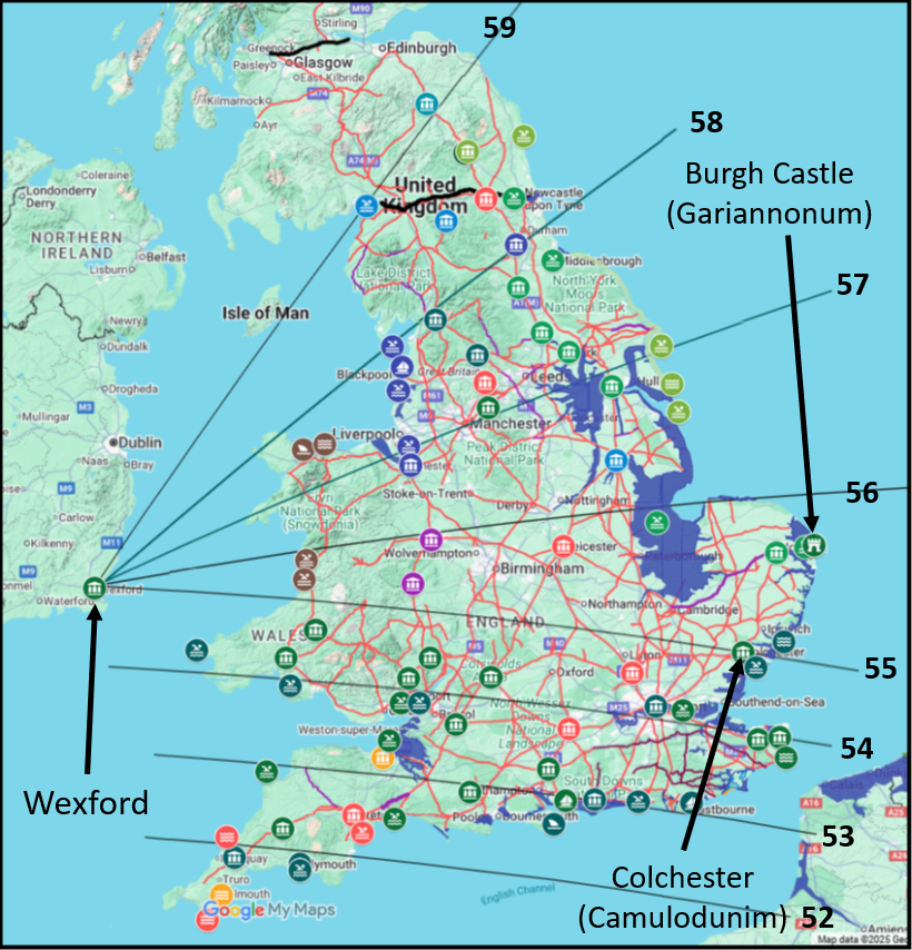 Ptolemy map showing latitude lines in England and Wales
