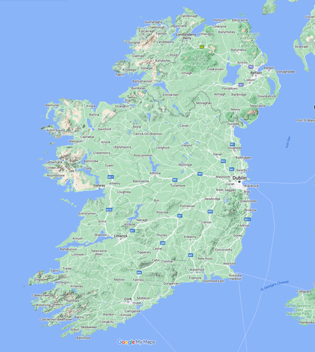 Modern map of Hibernia (Ireland) from Google My Maps