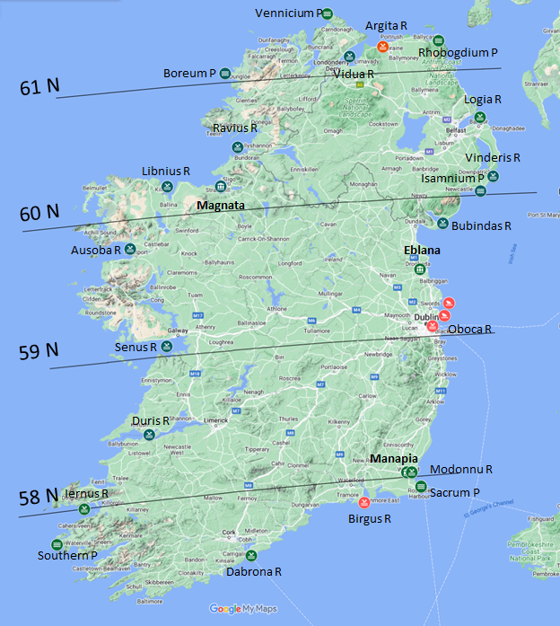 Map showing Ptolemy Hibernia known locations plus Ptolemy latitudes