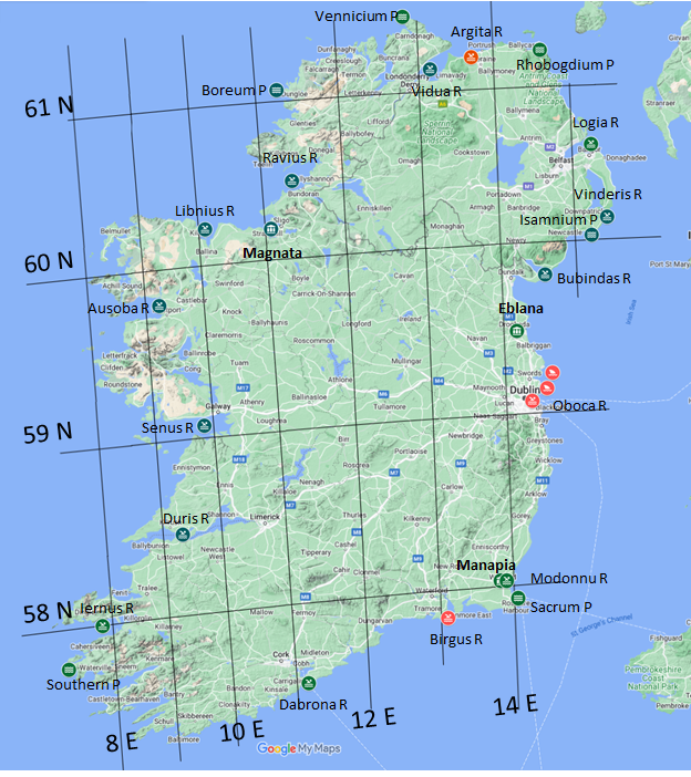 Map showing Ptolemy Hibernia known locations plus Ptolemy Latitudes and Longitudes