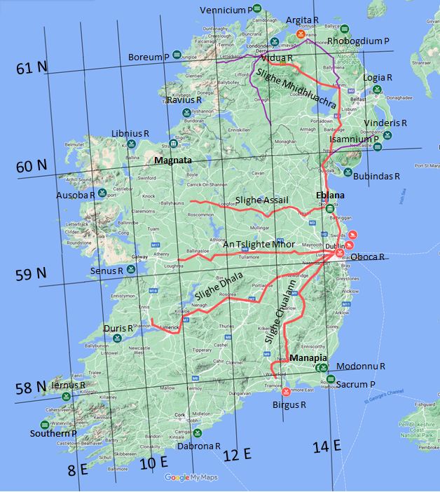 Map of Ireland showing the old Celtic roads