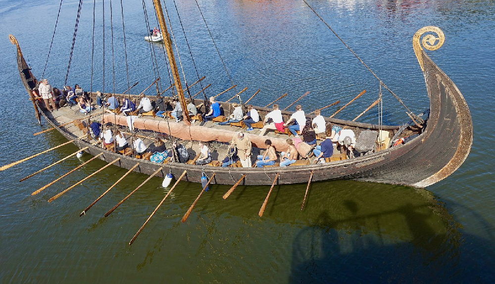 Viking longship using oars