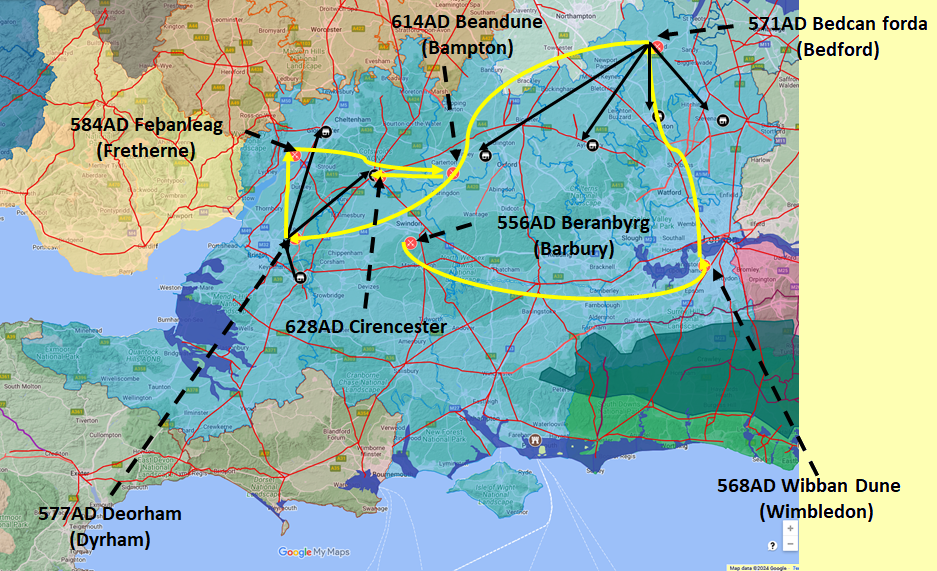 Map showing the Expansion of Wessex until 628AD