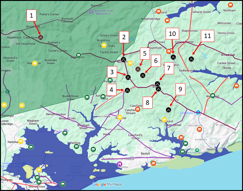 The sites that have been proposed for the Battle of Hastings