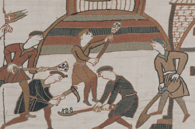 Norman builders mounding the fort with shovels  - click image for the Online Tapestry