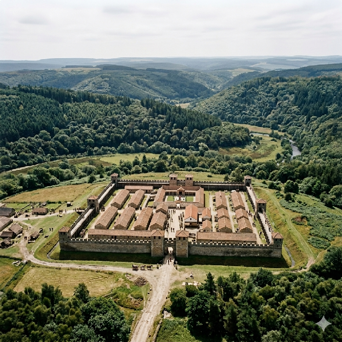 A Roman Castra in  a wooded landscape