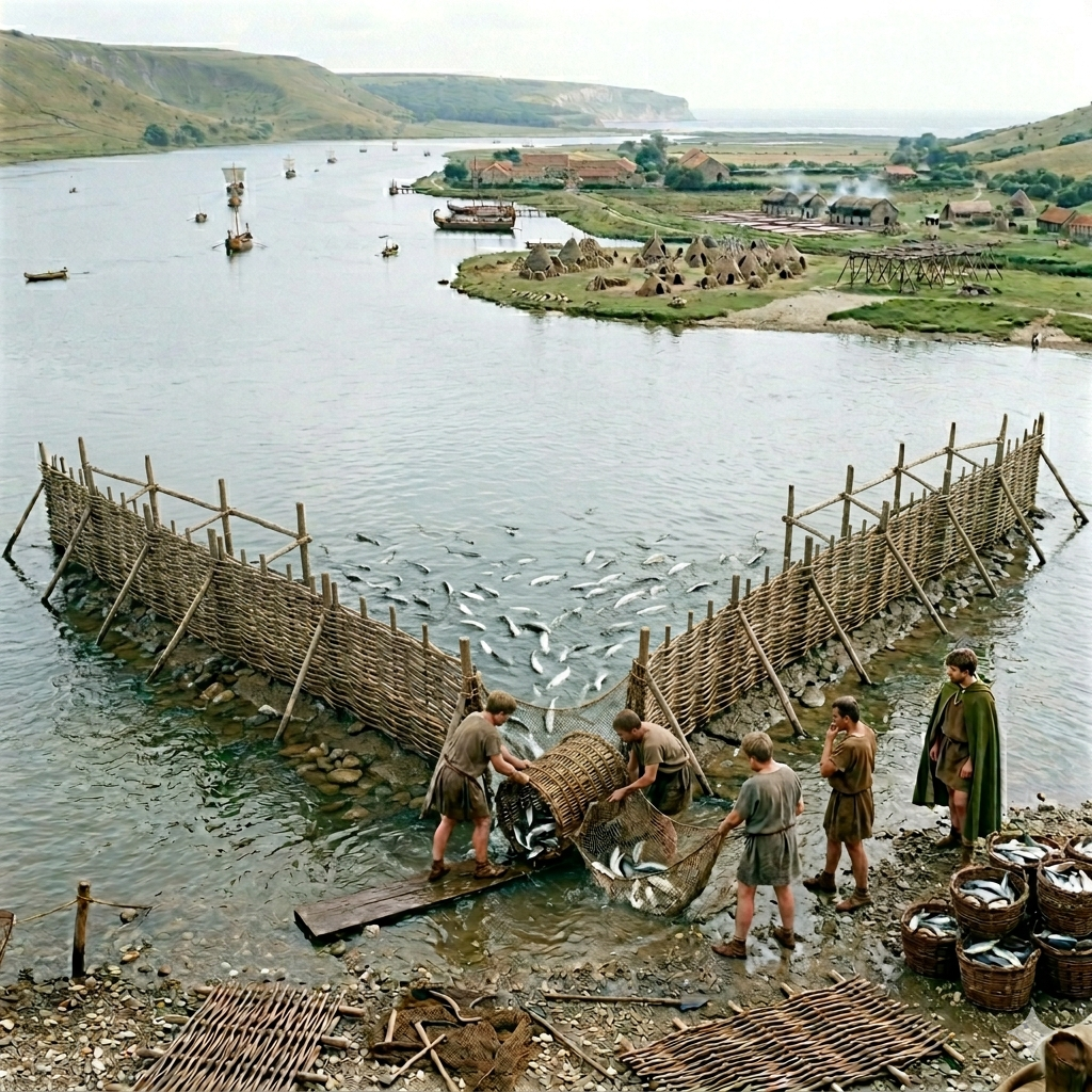 Roman emptying a fish frame after high tide