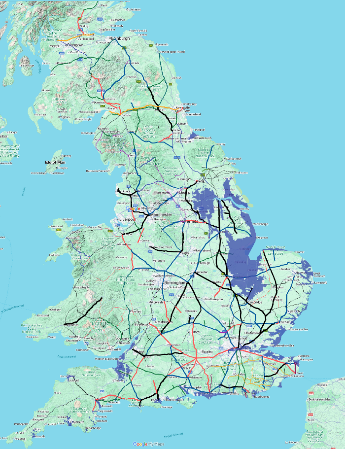 Map showing the Margary Roman Roads of Britain colour coded