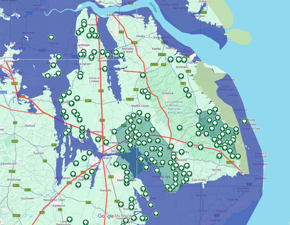 A map showing the Domesday distribution of woods in Lincolnshire with sea levels raised